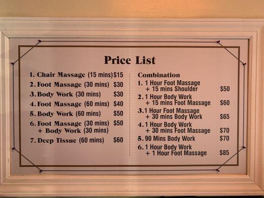 New price list, awesome massage at a great price.