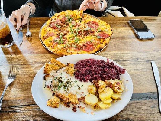 Schnitzel and all meat pizza