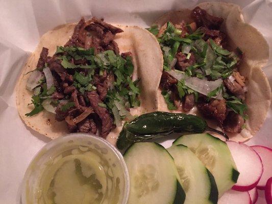 Steak and carnita tacos