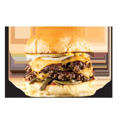 Cheeseburger Double: Smashed patty, American cheese, ketchup, mustard, onion, and karkalla pickle, all doubled.