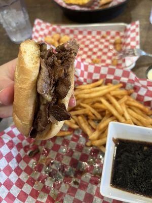 Prime rib French dip with fries and au jus