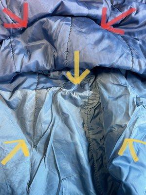 The yellow arrows are pointing to the areas of one of my blankets that melted. It should be that darker blue above the top arrow.