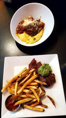 hanger steak and fries, chicken and polenta