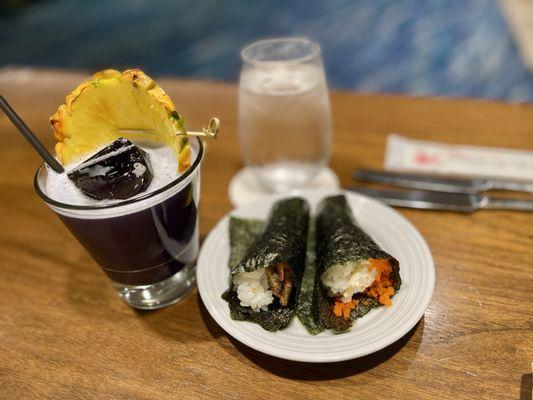 COCONUT-UBE cocktail and hand rolls