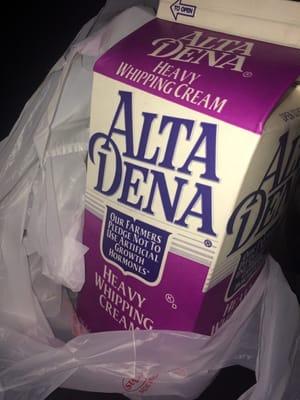 The Alta Dena, 40% butterfat heavy whipping cream is an excellent deal at $8.49 for a half-gallon.