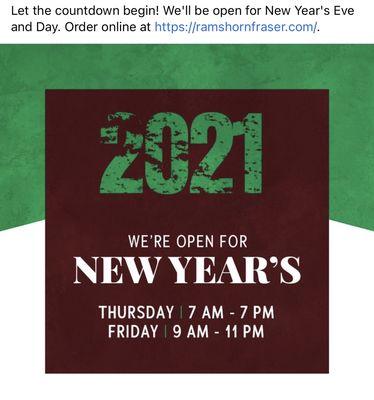 We will be open New Years Eve & Day for online orders, carry outs and Doordash.