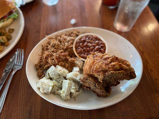 Two meat: fried chicken, chopped pork, potato salad, and baked bean. All was good minus the baked beans.