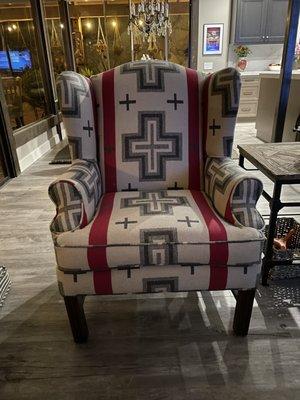 Wingback chair with Pendleton fabric perfectly placed!