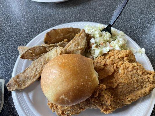 2 piece chicken, potato wedges, cole slaw and roll.