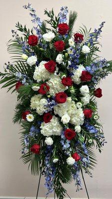 Patriotic Funeral Service Visitation Standing Spray Flower Arrangement Sympathy Red, White, and Blue Florals