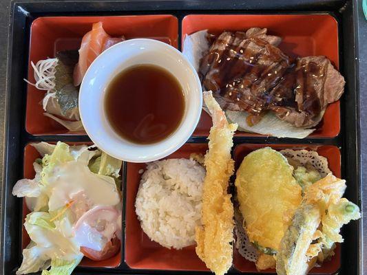 Bento box - Lunch (Beef Teriyaki, tempura, sashimi)