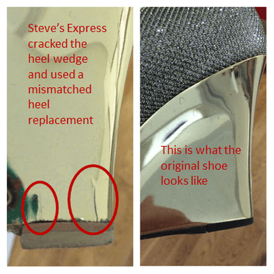 Poor quality work. Comparison of work done vs. what this shoe is supposed to look like.