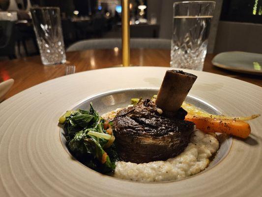 Short ribs, blue cheese studded grits, wilted Swiss chard and heirloom carrots