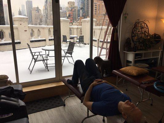 Main treatment room. First day of snow in NYC