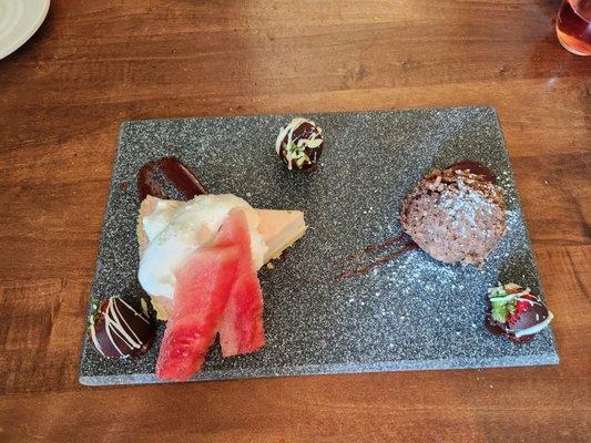 Desert sampler with chocolate macaroon, chocolate covered strawberries and yummy key lime watermelon pie!