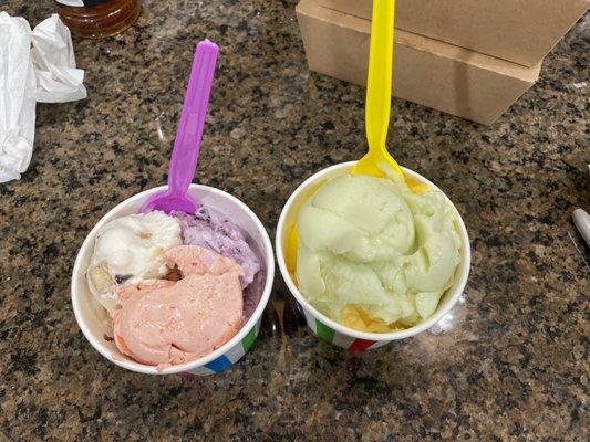 Left is cookie dough monster, blueberry, and strawberry cheesecake Right is lime sherbert, pineapple pop, and orange dreamsicle.