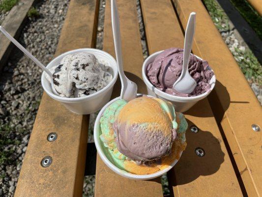 Cookies & Cream, Black Raspberry, and Rainbow Sherbert