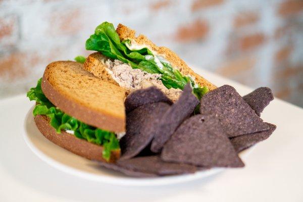 Tuna Apple Pecan Salad Sandwich with Blue Corn Tortilla Chips