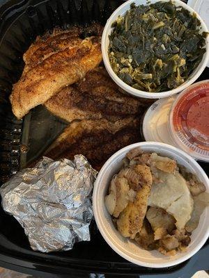 Grilled Farm-Raised Catfish Fillets, collard greens, Greek style potatoes