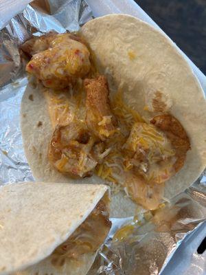 Shrimp taco with cheese and yum yum