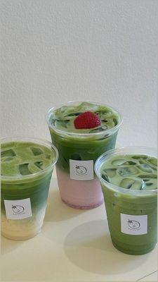 Banana matcha, strawberry matcha, matcha latte made with ceremonial grade matcha from Japan