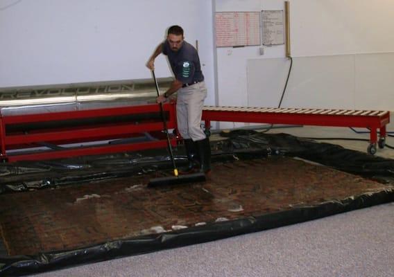 Immersion-Wash process with hand-shampoo to remove soil and stains