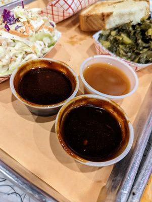 Barbecue sauces. Clockwise from left: Sweet, vinegar, sweet and spicy.