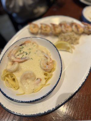 Shrimp fettuccine and shrimp skewer