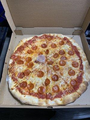 Large NY style pepperoni and cheese pizza.