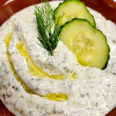 Homemade tzatziki Greek yogurt, fresh cucumber, dill, mint and garlic.