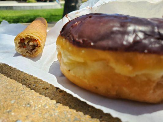 Chicken egg roll, chocolate donut