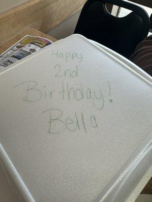 Bella's. Birthday message from our server