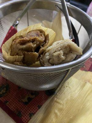 Pork tamale and chicken tamale after being reheated in an instant pot. Still good!!