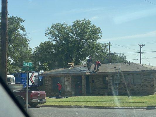 Roof Tech crew members putting on paper before nailing down new shingles by hand. Great Crew and very organized