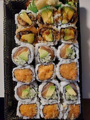 3 roll lunch special: eel avocado roll, alaska roll, spicy crunchy salmon roll