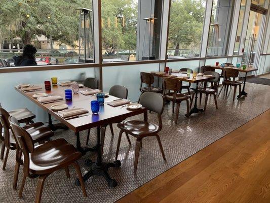 Inside the restaurant - tables set for diners