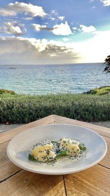 Tarragon Scallop Ravioli - Butter, tarragon, scallop ravioli, caviar, pipinola shoots $39