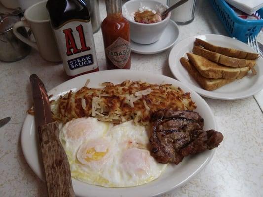 4 oz. Steak, 3 eggs, hash browns & toast- $8.50.....BOMB!!