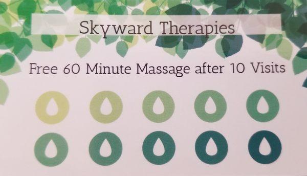 After 10 Massages, receive a one hour free massage! Come back in the same calendar month and get $10 off!