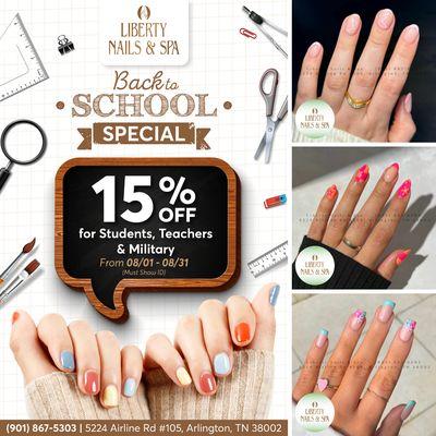 Shine with our fabulous offer at Liberty Nails & Spa! 
Enjoy 15% OFF for ALL STUDENTS, TEACHERS & MILITARY
*Must Show ID