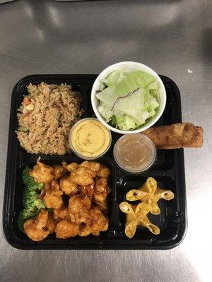 Dinner box have one egg roll. Fried rice 2 crab Rangoon and salads