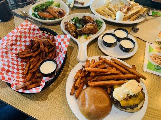 Mushroom burgers  Chicken wings teriyaki and buffalo  French toast