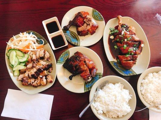 Pork belly(left); roasted duck (upper); crispy duck (bottom); orange duck (right)