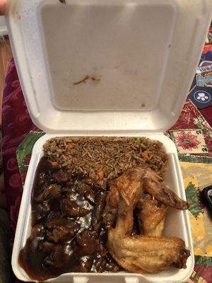 Pepper Steak no vegetables and Chicken Wings with Pork Fried Rice