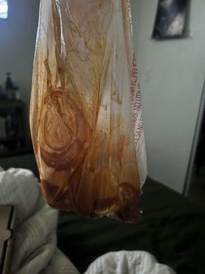 How bag was handed to me, buffalo sauce opened in bag.