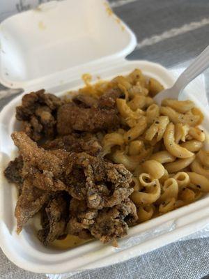 Fried oyster mushrooms and mac and cheese