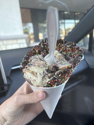 "Birthday cake remix" with chocolate sprinkle cone