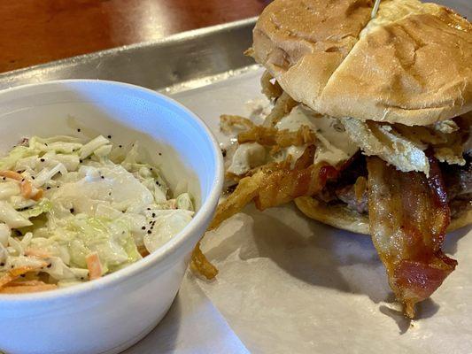 Blue cheese burger and coleslaw