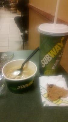 Chicken noodle soup and soda.