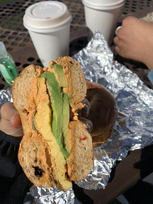 Spicy buff (no bacon) on a tomato cheddar bagel